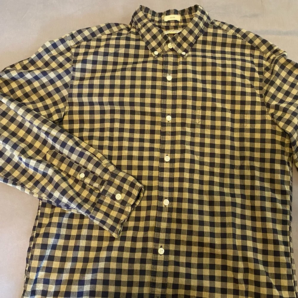 Mens Large J. Crew Slim Gingham Plaid Button Down Sleeve Shirt Army Green & Navy